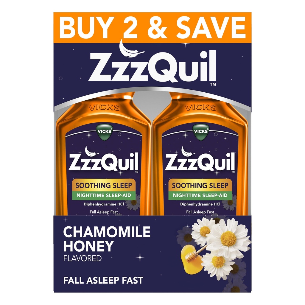 ZzzQuil Vedel uneabi, rahustav uni, difenhüdramiin 50mg HCl, kummel Honey maitsestatud, öine uneabi vedelik, uneabivahendid täiskasvanutele, 2 Pack, 24 FL OZ