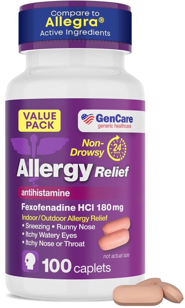 GenCare Allergy Relief Pills - Feksofenadiin 180mg 24 tundi mitte-uimastav allergia meditsiin Antihistamiinikum, võrreldes Allegra 24 tunni mitte-uimased pillid sügelevad silmad, runny nina, nõgestõbi (100 loend)