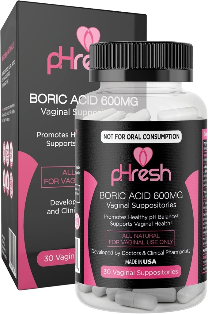 pHresh Boric Acid Suppositories for Women, Suppositories for Odor Use, Natural Feminine Care Supports Vaginal Health & Promotes Healthy pH Balance - Made in USA