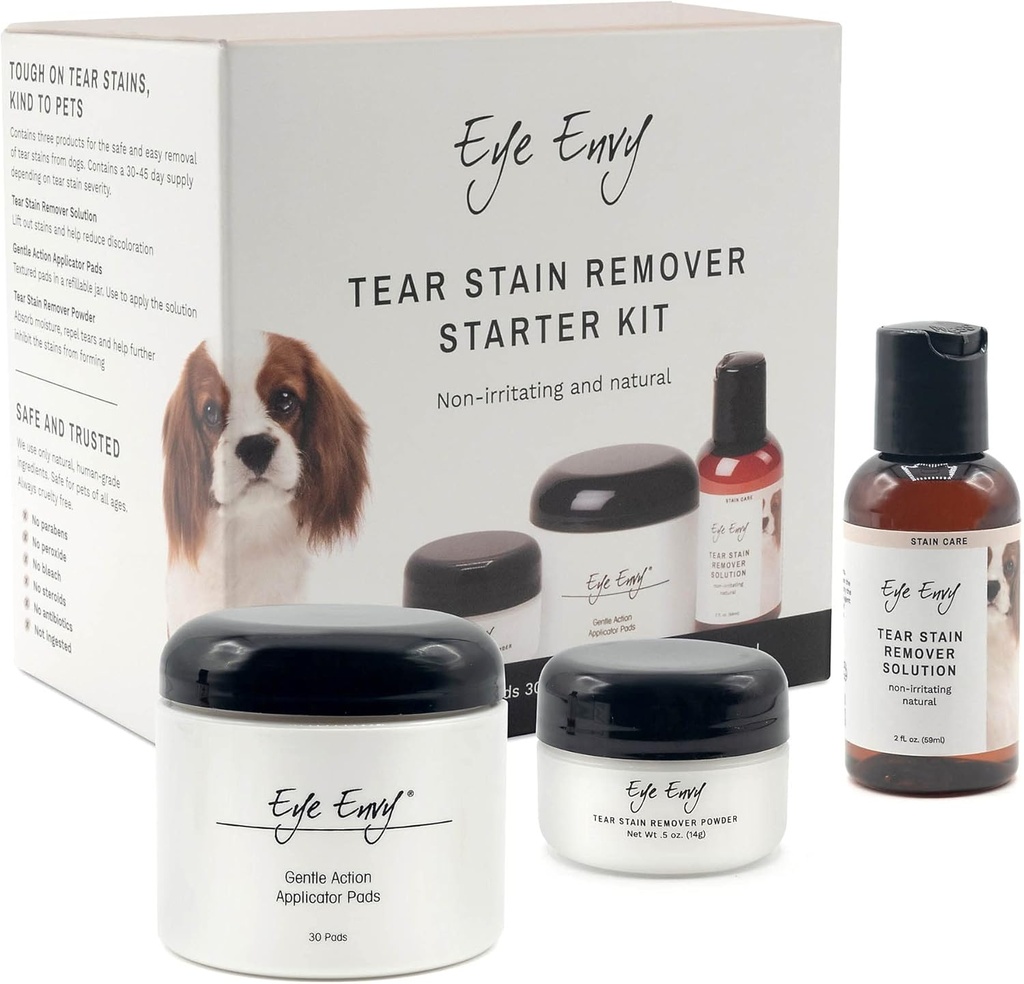 Silmade kadedus Koer Tear Plekieemaldaja Starter Kit. 100% looduslik, ohutu. Sisaldab: plekilahust, aplikaatorpadjakesi ja plekipulbrit. Pisarapleki ravikomplekt kestab 30- 45 päeva. Valmistatud USA-s