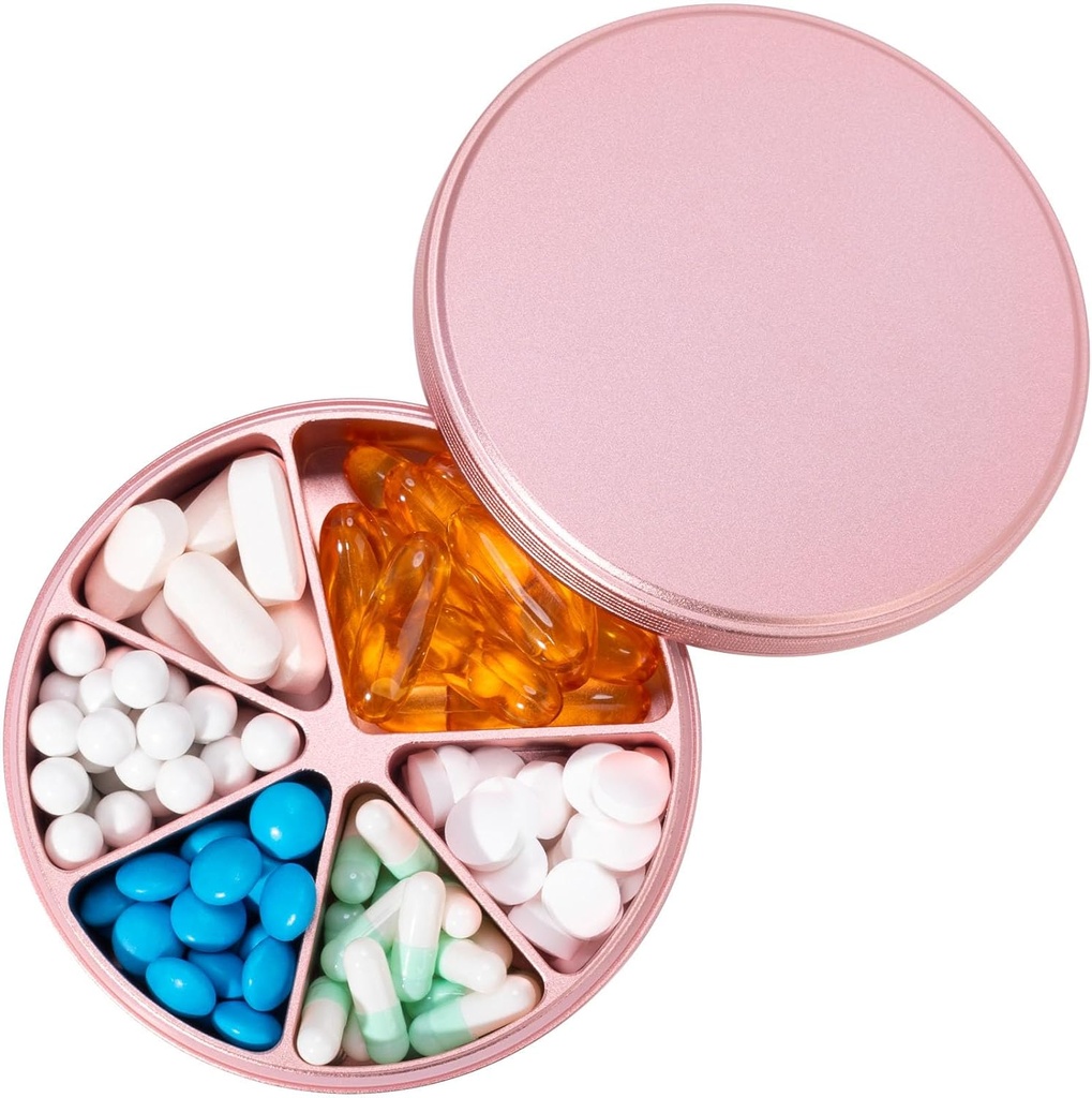 Pill Organizer 6 Kompartments Pill Dispenser - Heavy Duty Metal Daily Pill Container, Daily Pill Box Pill Holder, Veekindel Ravimijuhtum Vitamiinilisandi Ravim Kalaõlid, 0,38lb, Roosa