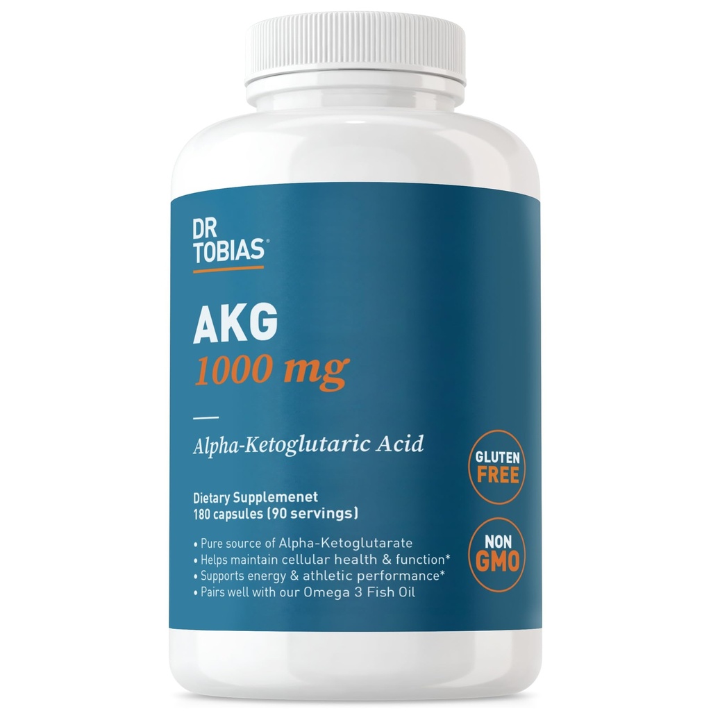 Dr Tobias AKG täiendus 1000mg per Serving, biosaadav alfaketoglutaarhape, toetab rakuenergiat ja lämmastikoksiidi voolu, vegan, gluteenivaba, mitte-GMO, 180 kapslit, 90 serveerimist