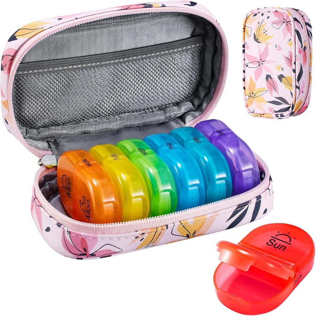 Serfeymi Weekly Travel Pill Korraldaja 2 korda päevas PM Täiustatud Vikerkaar Pill Box 7 päeva kaasaskantav Zipper PU Nahk pillid juhul, meditsiin Korraldaja pillid, vitamiinid, kalaõli - Pink 03