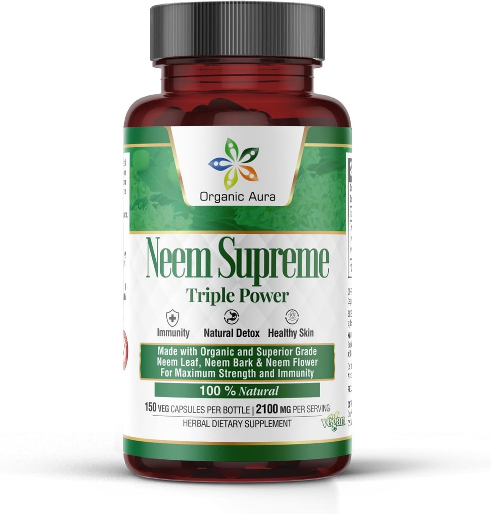 Orgaaniline Aura Neem Ülemkapslid. 150 Veg kapslit. Kolmekordne kompleks - Max Tugevus Pure High-Potency Azadirachta Indica kapsel. Looduslik antioksüdant, naha tervis, rohke immuunsuse tugi.