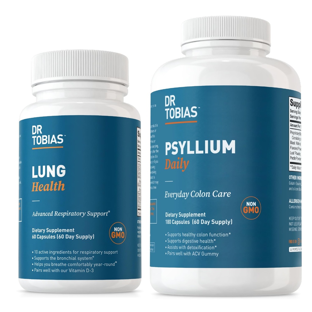 Dr Tobias Lung Health & Psyllium Daily Supplements, Lung Cleanse & Detox valem, toetab tervislikke soole liikumisi koos Psyllium Husk, C-vitamiin, Butterbur, Quercetin, Daily Fiber ja Kops täiendada
