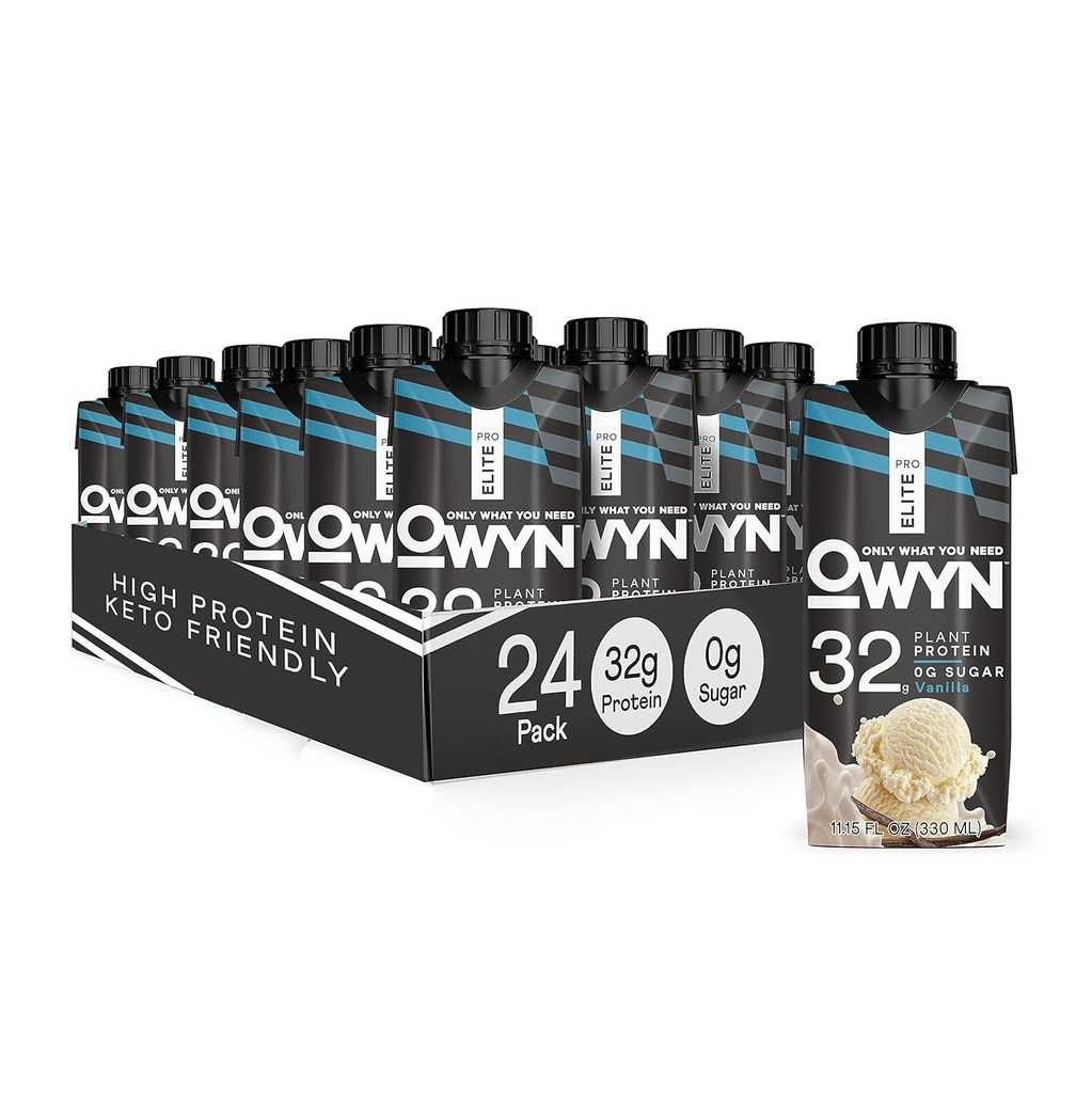 OWYN Pro Elite Vegan Taimepõhine Kõrge Valgu Shake, Vanilla, 24-Pakk, 32g Taimeproteiin, Prebiootikumid, Superfoods Greens treeningu ja taastamise, 0g Net Carbs, Zero Sugar, Keto (24 Pack)