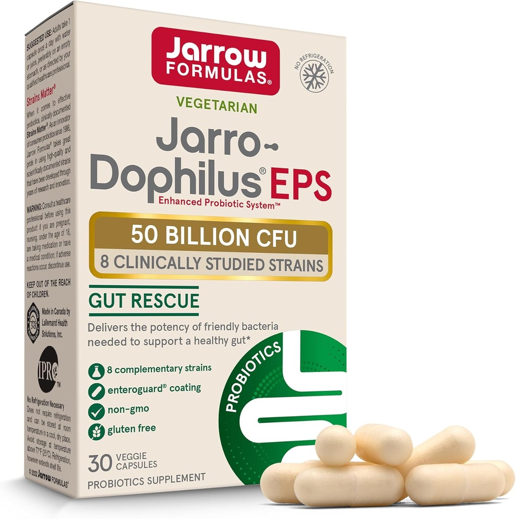 Jarrow valemid Jarro-Dophilus EPS - 50 miljardit organismi ühe serveerimise kohta - 30 soolestikuga kaetud köögiviljakapslit - mitmetüveline probiootikum - soolestiku ja immuunsüsteemi tervis - kuni 30 serveerimist