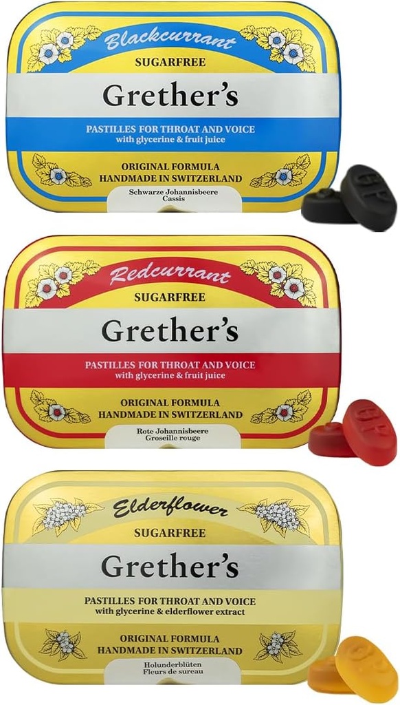 GRETHER's Sugarfree Pastilles BlackSõstra, Elderflower & RedSõstra - Kingitus lauljatele - Natural Remedy kuiva suu leevendamiseks - 2,1 oz (Pack of 3)
