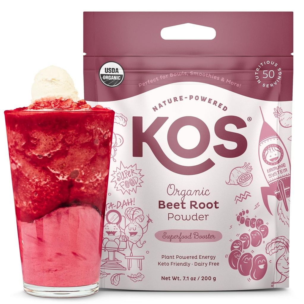 KOS Organic Beet Juur Powder, USDA Certified - Superfood Plant Based Beetroot Koostisosa Stamina Suurendamiseks, Ringluseks - Mitte-GMO, Soja & Gluteenivaba, 50 Serving Kott