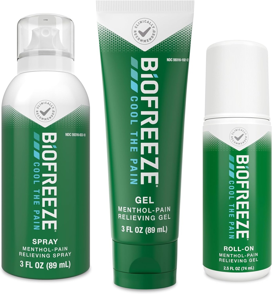 Biofreeze Pain Relief Roll-On 2,5 FL OZ, Gel 3 FL OZ ja Spray 3 FL OZ Variety Pack Topical Pain Reliever for Lihased ja liigesed alates artriit, seljavalu, tüved, sinikad, pritsmed (pakend võib varieeruda)