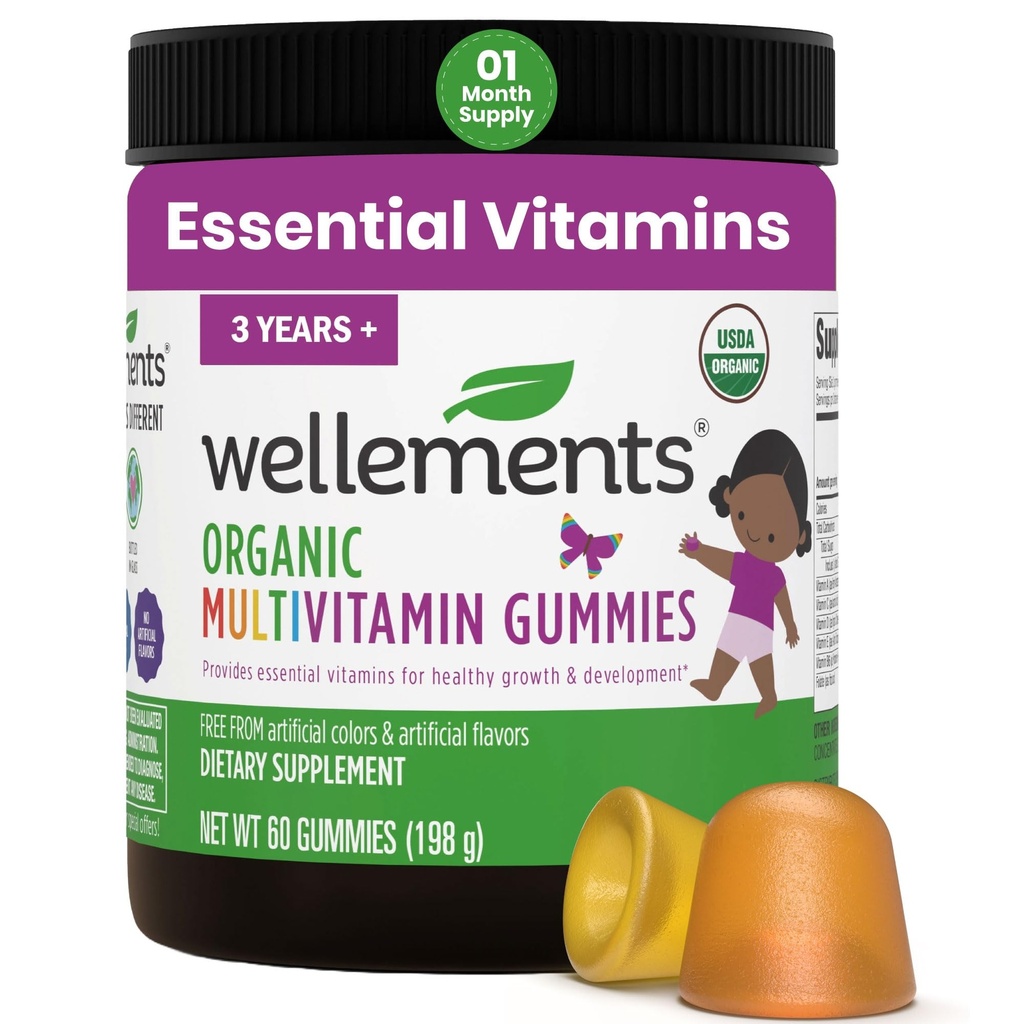 Wellements USDA Organic Kids Multivitamiin Gummies 60 Ct (3+ aastat) | Essential Kids vitamiinid A, B, C, D, E & Zinc | Toetab tervislikku kasvu ja arengut * | Mitte-GMO, gluteeni ja kunstlikke värve