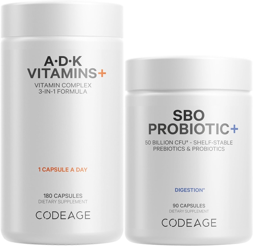 Codeage Daily ADK Vitamiin ja probiootiline Bundle – A-vitamiini retinüülpalmitaat, D3-vitamiini kolekaltsiferool, K-vitamiin, 50 miljardit CFU SBO probiootiline segu, Non-GMO