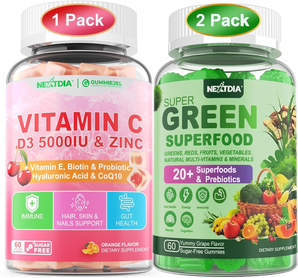 Vitamiin C, D3 ja tsink Gummies + Super Green Gummies