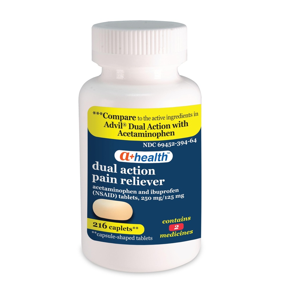 A + Health Dual Action Acetaminophen 250 mg ja Ibuprofeen (NSAID) 125mg valu leevendavad kapslid, 216 Count