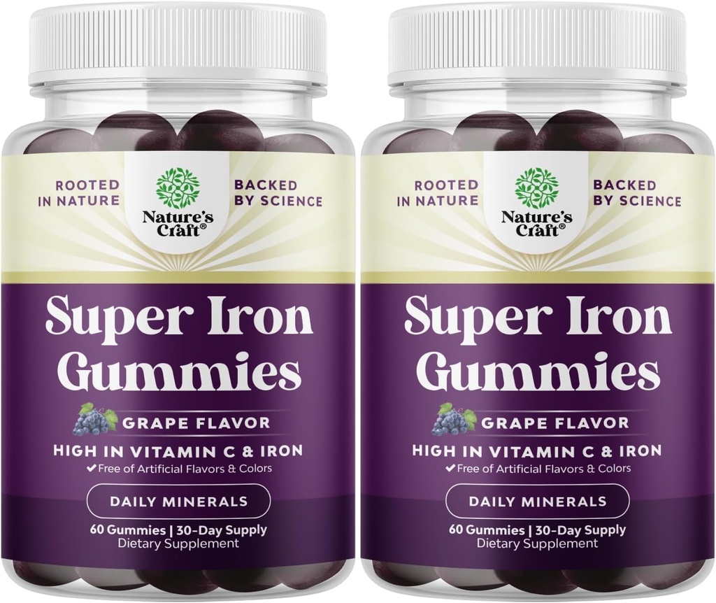 Extra Tugevus Raudkummid naistele ja meestele - Potent 45mg ühe serveeritava närimistable raualisandi naistele ja meestele, kellel on C-vitamiini kõrgem imendumine - Vegan Daily Gummy Täiskasvanud (60 Servings)