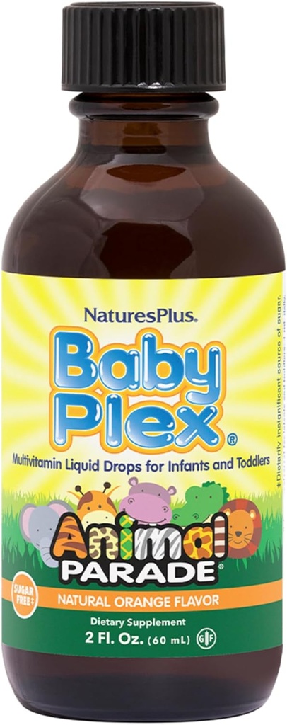 NaturesPlus Animal Parade Baby Plex, Natural Orange Maitse - 2 fl oz, Pack of 2 - Vedel Multivitamiin imikutele ja väikelastele - Suhkruvaba, Gluteenivaba - 120 Kokku Servings