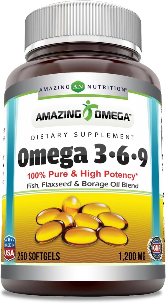 Amazing Omega 3.6.9 Supplement | 1200 Mg per Serving | 250 Softgels | Maitsestamata | Mitte-GMO | Gluteenivaba | Made in USA