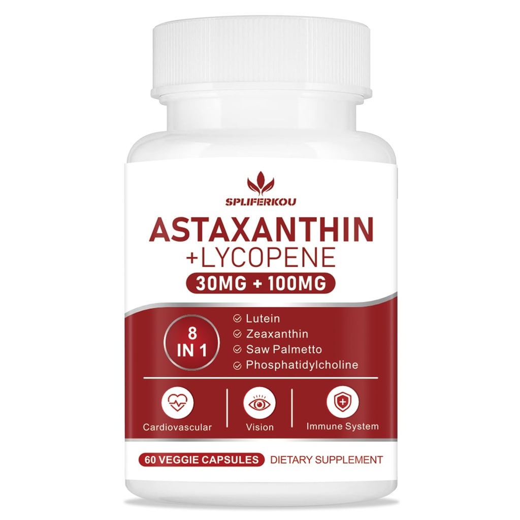Astaksantiin ja lükopeen 70mg, astaksantiini lisand koos fosfatidüülkoliiniga, luteiin ja zeaksantiin, võimsad antioksüdandid täiendav tugi naha, silmade ja liigeste tervisele (60 kapslit)