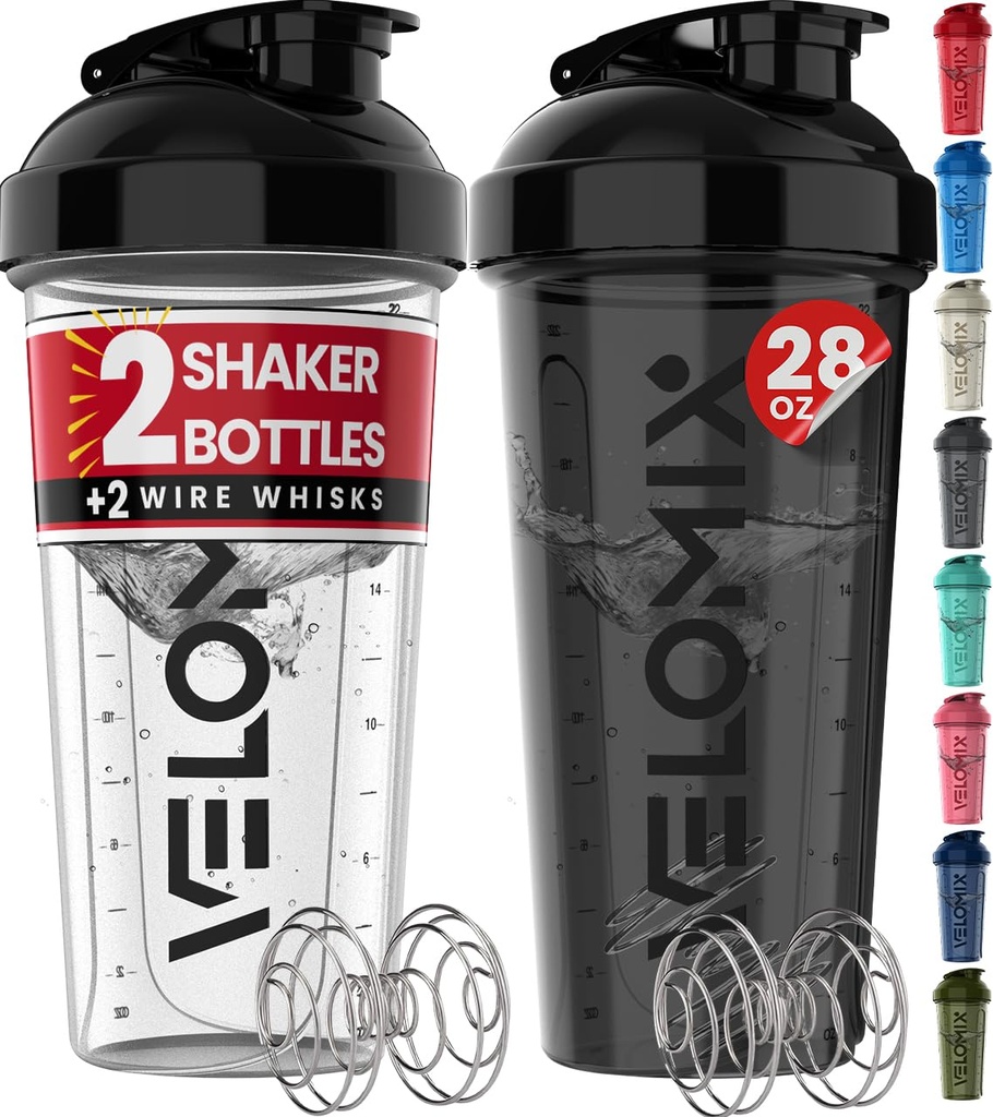 VELOMIX - 2 Pack- 28 oz Proteiin Shaker pudelid valgusegudele - 2x Wire Whisk | Leak Proof Shaker Cups valgu raputamiseks | Proteiin Shaker Bottle Pack (must/ läbipaistev)