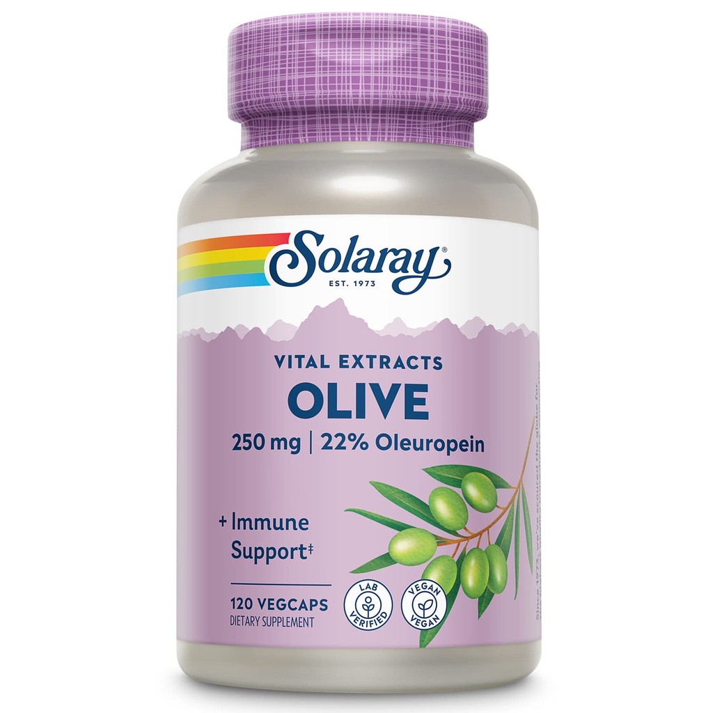 SOLARAY Olive 250mg - Olive Leaf Extract kapslid 22% Oleuropein, Plus Sidrun Balm - Polüfenoolide täiendus heaolu toetust - Vegan, 60-päevane garantii, Lab verifitseeritud - 120 Servings, 120 VegCaps