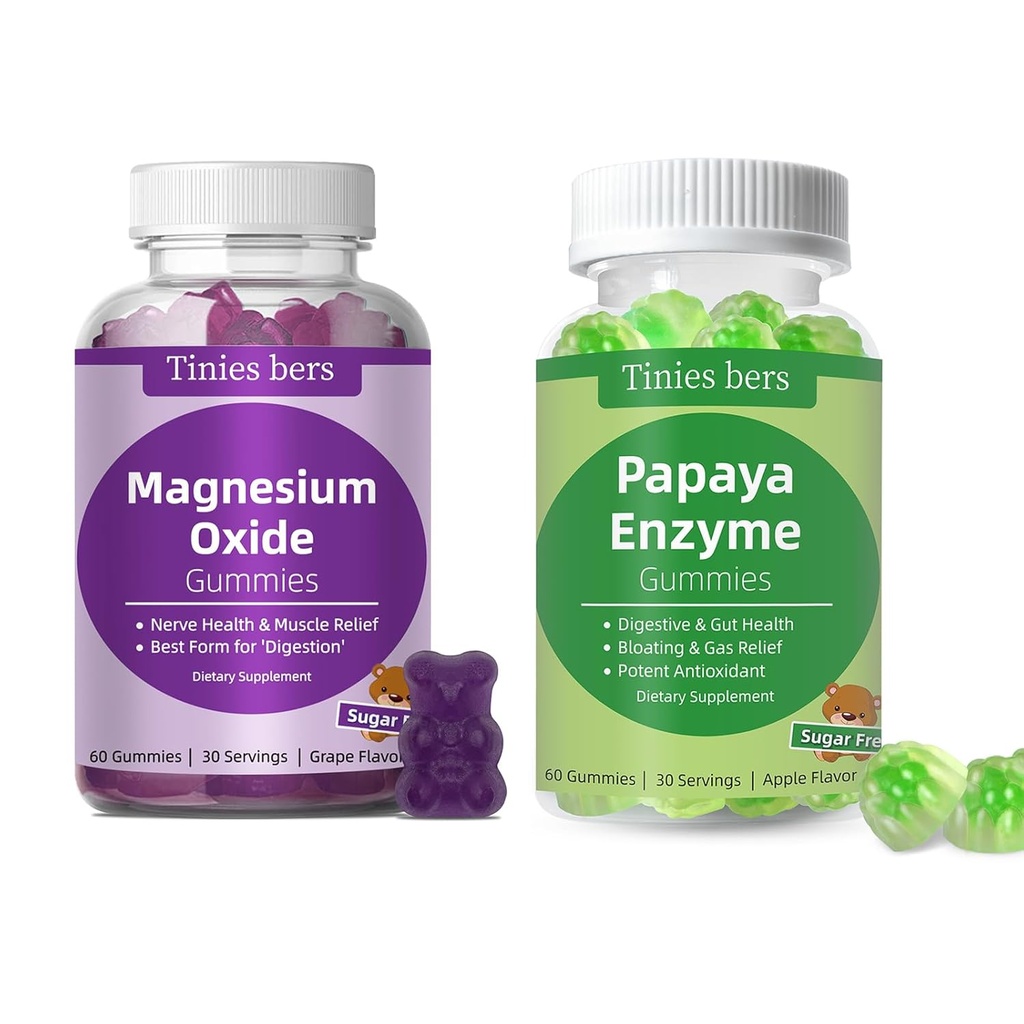 Tinies bers Papaya Enzyme Gummies ja magneesiumoksiid Gummies, Seedetrakti Tervis täiskasvanutele ja lastele, Vegan, Suhkruvaba, Mitte-GMO, Pektiin