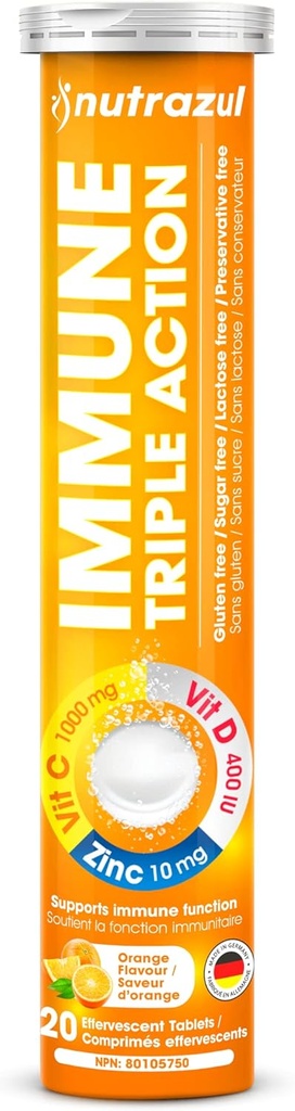 nutrazul Immuunsüsteemi kolmekordne toime kihisev tablett - 1000 mg C-vitamiini, D-vitamiini, tsink I oranž 20 I gluteenivaba, suhkruvaba, laktoosivaba ja säilitusainevaba I säilitab immuunfunktsiooni