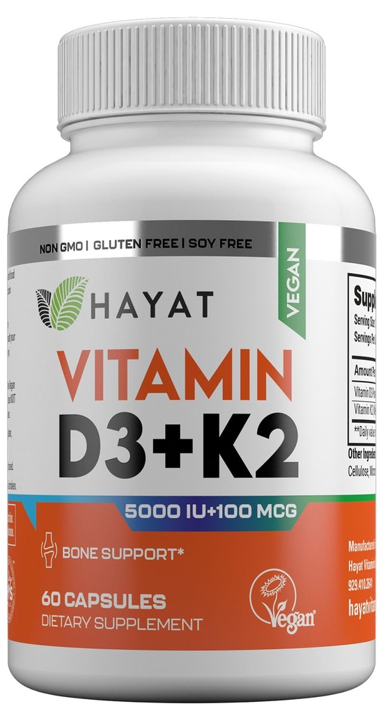 HAYAT Vitamiinid Vegan Vitamiin D3 + K2 (5000 RÜ + 100 MCG), toidulisand luu, hammaste, lihaste ja immuunsüsteemi tervise toetamiseks, 2 kuu pakkumine, sertifitseeritud halal, 60 kapslit, valmistatud USAs