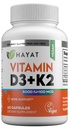 HAYAT Vitamiinid Vegan Vitamiin D3 + K2 (5000 RÜ + 100 MCG), toidulisand luu, hammaste, lihaste ja immuunsüsteemi tervise toetamiseks, 2 kuu pakkumine, sertifitseeritud halal, 60 kapslit, valmistatud USAs