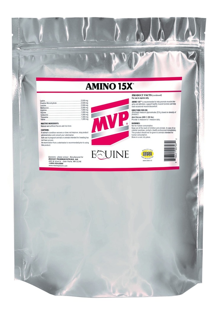MVP Amino 15X (1,5 lb) toetab tervislikku lihaste funktsiooni, arengut ja taastumist hobustel.