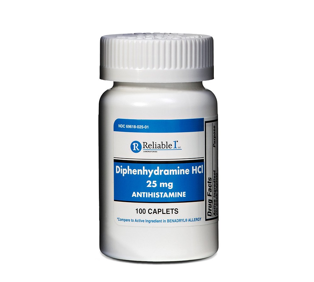 Usaldusväärne 1 difenhüdramiin HCI 25mg Antihistamiin 100 kapslit (1 pudel)