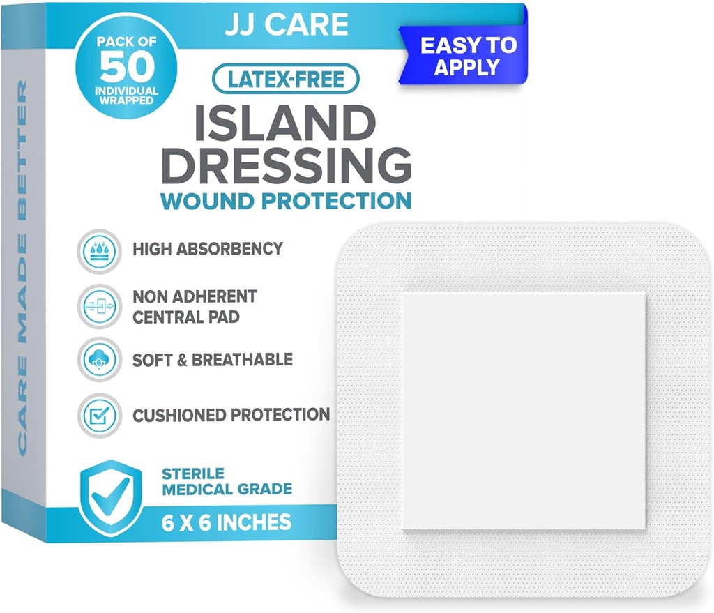JJ CARE Adhesive Island Dressing [Pakk 50], 6x6 Sterile Bordered Gauze Kleit, Hingeldatav Saare Haava Riietus Individuaalselt Pakitud Väga Absorbentne Mitte-Stick Center Pad