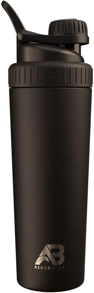 AeroBottle Cryo Shaker Cup, isoleeritud roostevabast terasest veepudel ja valgu raputaja, segab valku ja eeltreeningut turbulentse segamistehnoloogiaga, ei sega palli ega Wisk, 26oz, must jää