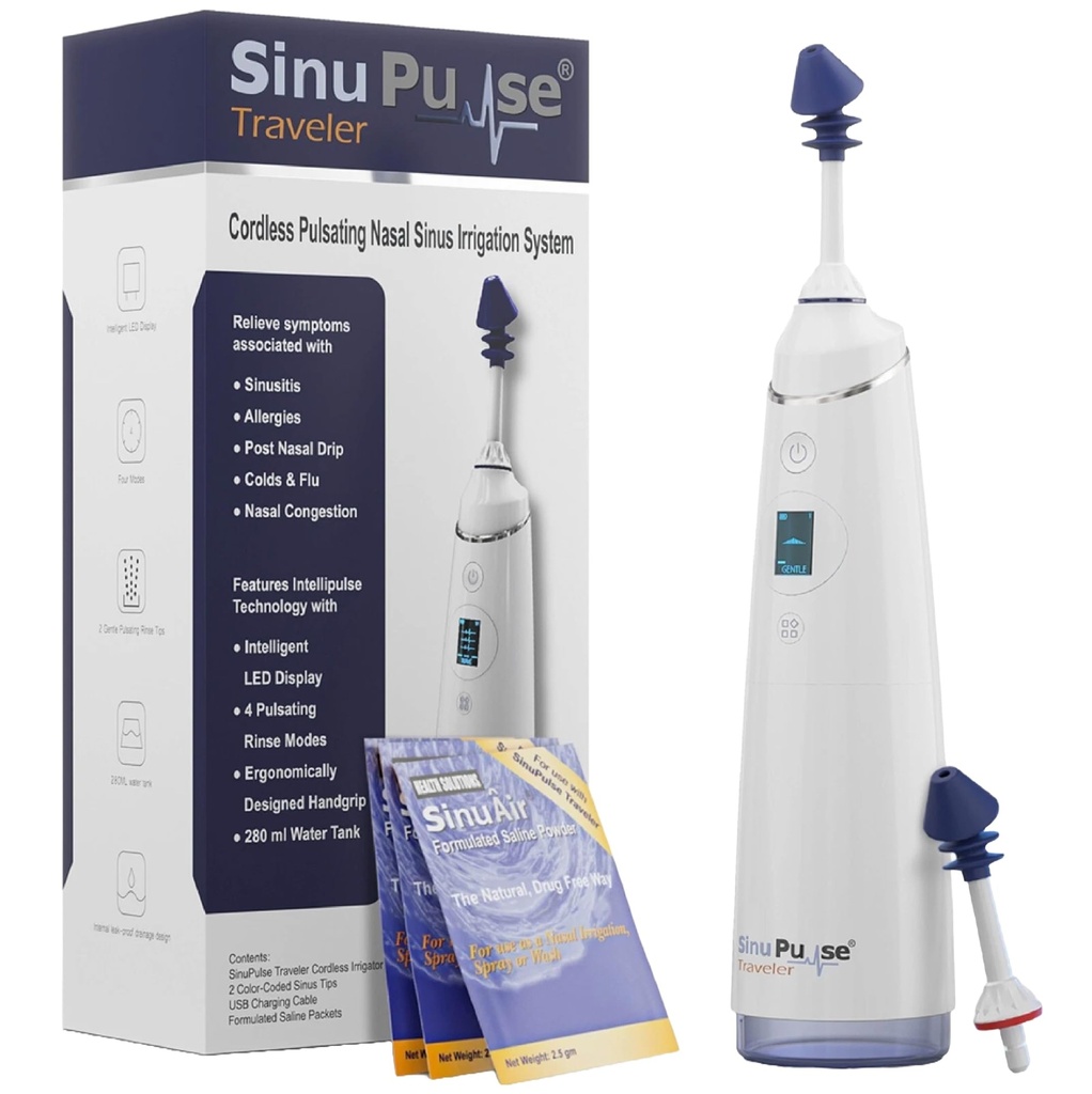 SinuPulse reisija 30 Sinuairi paketiga - juhtmeta pulseeriv nina niisutussüsteem Sinus Rinse süsteem, kosmosesäästja ja abivahend reisimiseks, tõhusam kui Neti Pot või Nina Spray Bottle