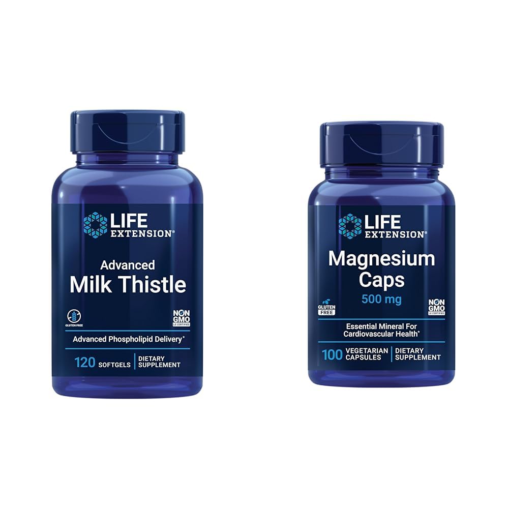 Life Extension Advanced Milk Thistle 120 Softgels and Magnesium 500mg Capsules for Maksa Tervis, Detox Support, Heart Health and Healthy Bones