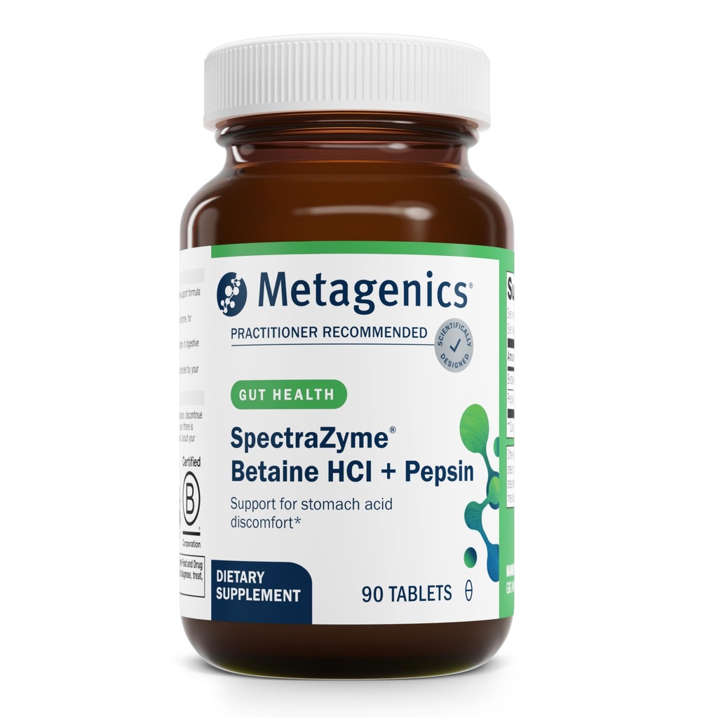 Metageenika SpectraZyme Betaine HCI + Pepsiin - toetab kõhu tervist ja seedetrakti abivahendeid * - Betaine HCl & Pepsiniga - proteolüütiline seedeensüüm * - mitte-GMO - 45 serveerimist - 90 tabletti