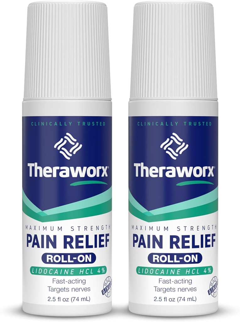 Theraworx Maksimaalne tugevuse valu leevendamine rullides sidokaiiniga, kiire toimega - 2,5 Oz - 2 loend