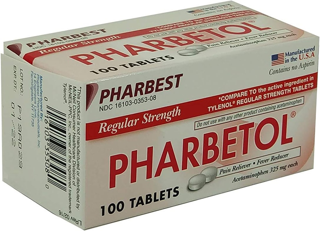 Pharbetol Acetaminophen 325mg Regulaarne tugevus, valu leevendaja, palavik vähendaja tabletid, 100 loend (pakend 1)