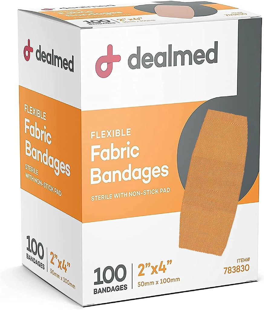 Diileriga kangast paindlikud kleepribad, millel on mitte-kleepuv pad, Latex Free, Haavahooldus esmaabikomplekt, 2" x 4 "(100-kast)