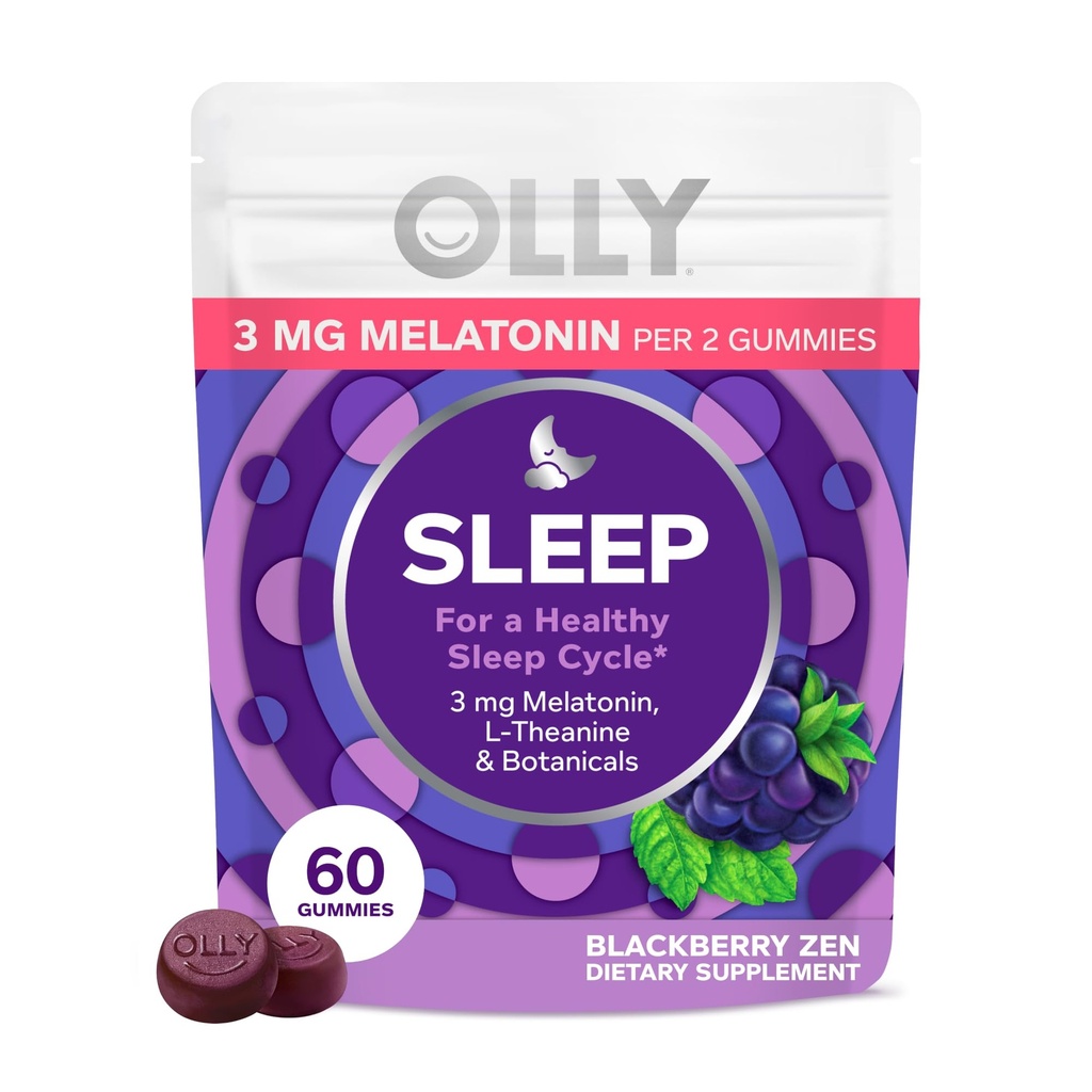OLLY Sleep Gummy, 3 mg melatoniin, L-Theanine, kummel ja sidruni palsami ekstraktid, Blackberry Maitse, 30 päeva pakkumine - 60 krahv