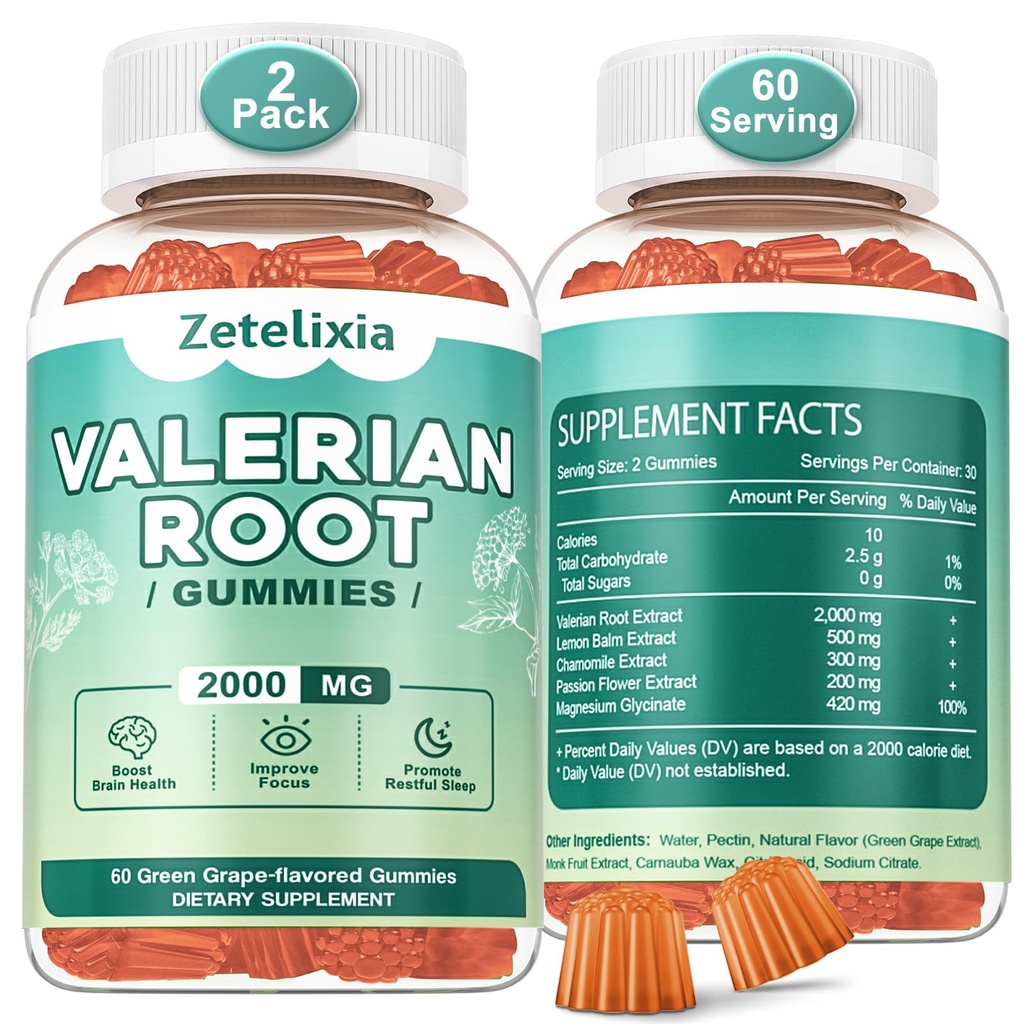 2 Pack Organic Valerian Juur Gummies, Natural Calm, mis aitab lõõgastuda, Taimne täiendus Mood Support, Melatoniini Vaba, Mitte-GMO, Gluteeni Vaba, Vegan, Roheline Viinamarjamaitse, 120 Count