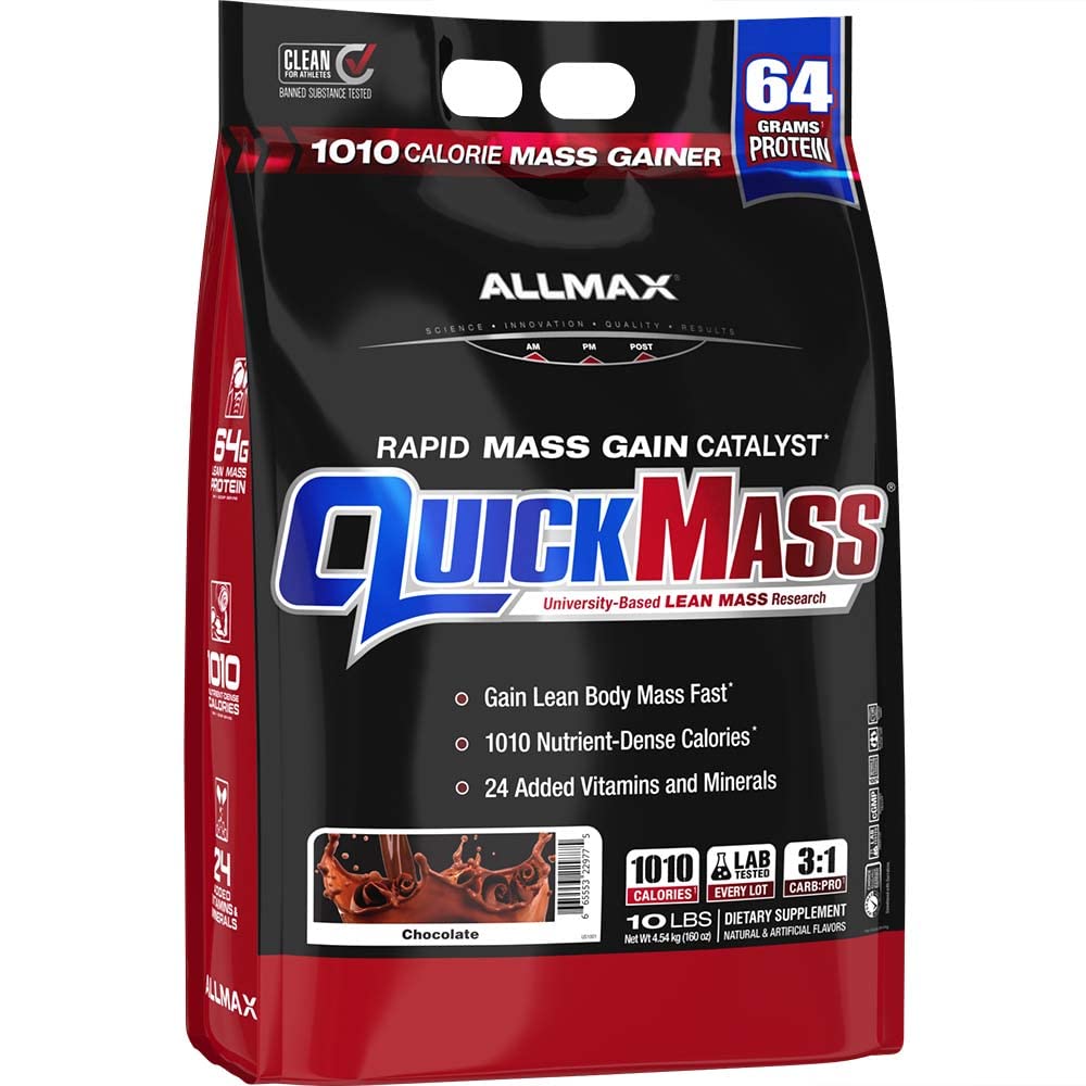 ALLMAX QUICKMASS, šokolaad - 10 naela - kiire massikasvu katalüsaator - kuni 64 grammi valku ühe serveerimise kohta - 3: 1 süsivesiku kuni valgu suhe - null transrasv - kuni 70 serveerimist