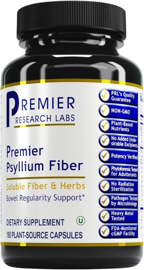 Premier Research Labs Premier Psyllium Fiber - Psyllium Husk kapslid, kõrge kiudainega pillid täiskasvanutele, naistele ja meestele, igapäevane tugi seedetrakti tervisele - 180 taimekapslit