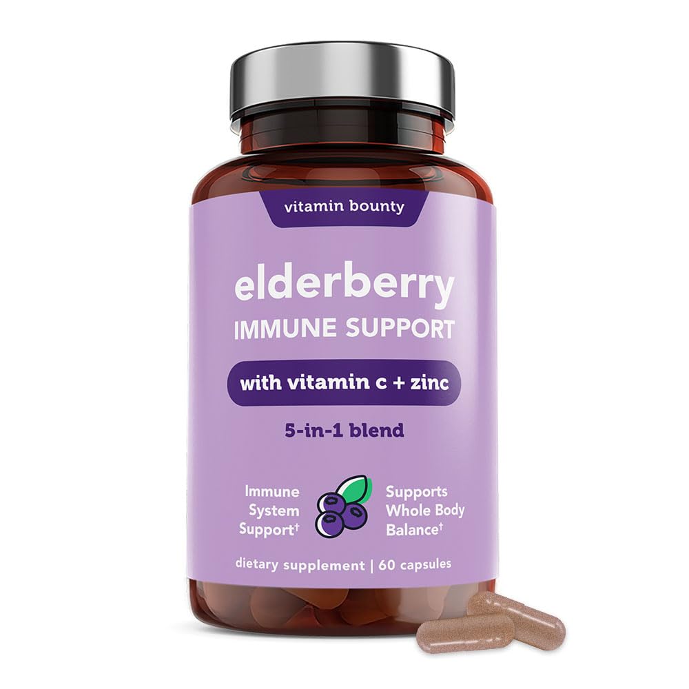 Vitamiin Bounty Elderberry Organic Elderberry kapslid täiskasvanutele - C-vitamiini ja tsingi lisand, & Echinacea, immuunsüsteemi tugi, täiustatud 5-in-1 segu, Non-GMO - 60 kapslit