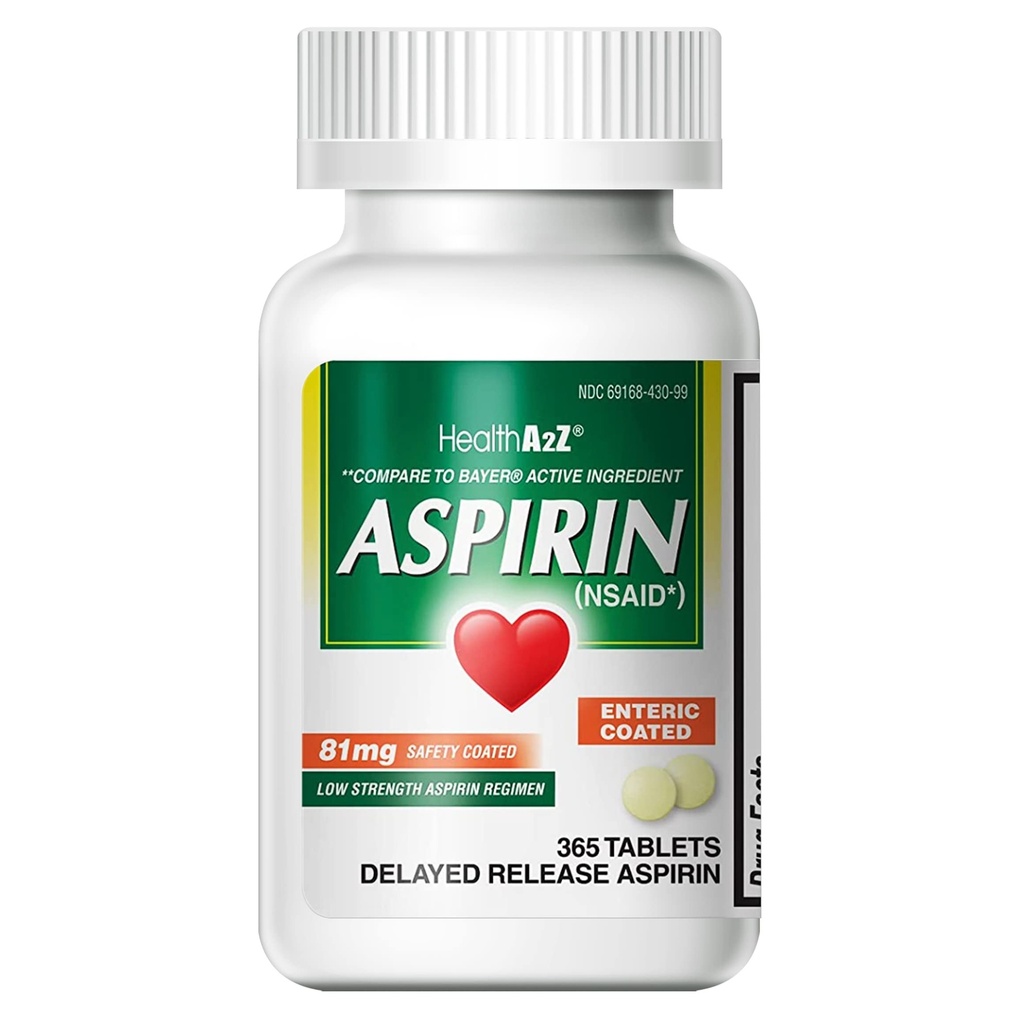 HealthA2Z® Aspiriin 81 mg | Madal tugevus | Soolestikuga kaetud | Valu leevendamine | Vähendab väiksemaid valusid Lihasvalu ja krampe | palavikku vähendav | Vähendab peavalu (365 loeb)