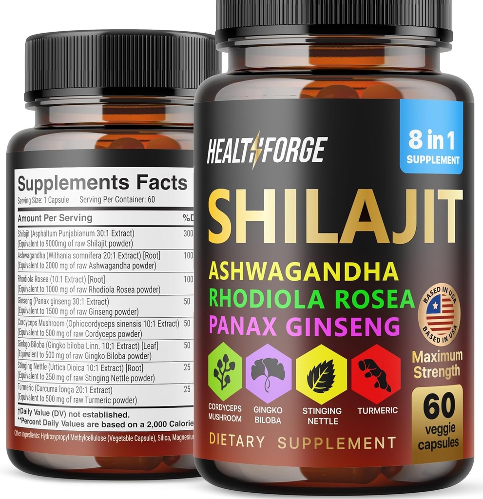 Shilajit kapslid Orgaaniline ekstrakt Blend 60 kapslid meestele ja naistele - Shilajit Supplement 9000mg Ashwagandha, Immune Support Supplement 2000mg Rhodiola Supplement, Ginko Ginkgo Biloba