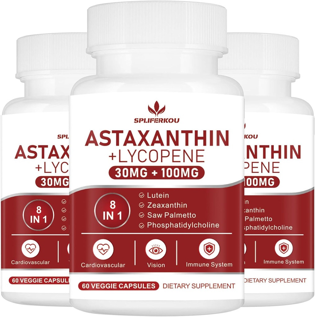 Astaksantiin ja lükopeen 70mg, astaksantiini lisand koos fosfatidüülkoliiniga, luteiin ja zeaksantiin, võimas antioksüdantide lisand (180 kapslit)