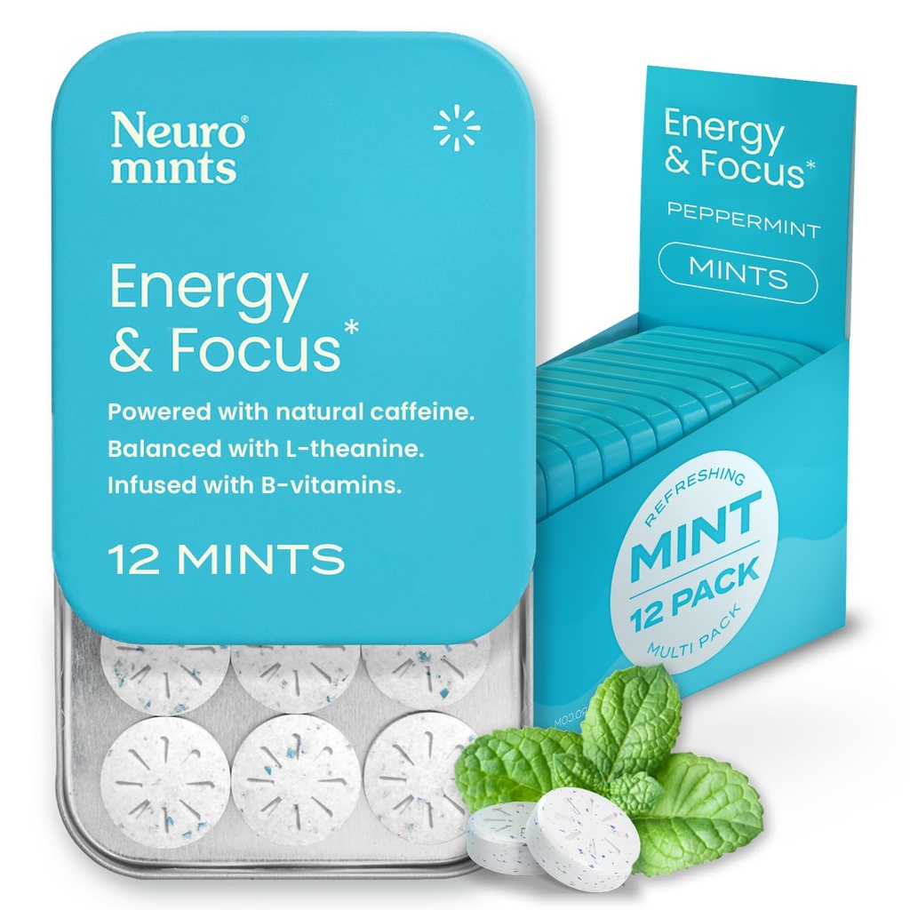 NeuroGum Energy Kofeiin Mints (144 tükki) - Suhkruvaba L-teaniin + looduslik kofeiin + Vitamiin B12 & B6 - Nootroopne energia ja fookuse täiendus naistele ja meestele - Keto & Vegan, piparmündi maitse