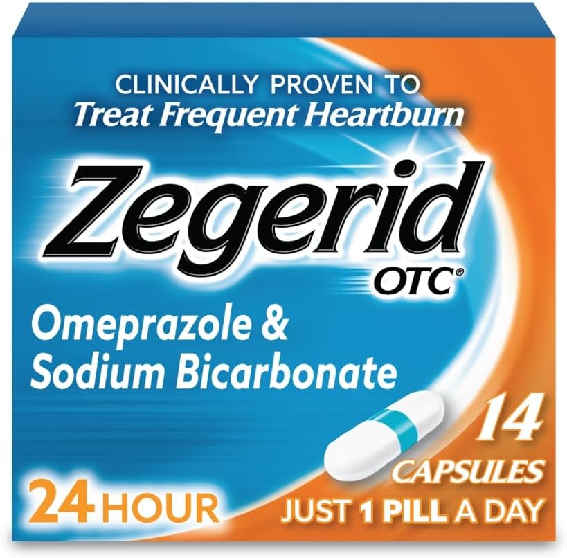 Zegerid OTC 24-tunnine kõrvetiste leevendamine, ainus prootonpumba inhibiitor omeprasooliga 20 mg + naatriumvesinikkarbonaat, ravib Sagedast kõrvetisi, 14ct kapslit