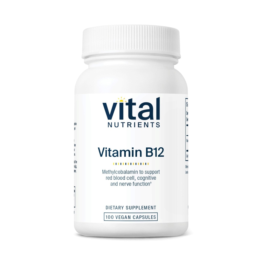 Elutähtsad toitained Vitamiin B12 1000mcg - Vegan - Metüülkobalamiin ainevahetuse, kognitiivse ja närvisüsteemi tervise jaoks * - suure potentsiaaliga B12 täiendus - Gluteen, piimatooted, sojavaba - 100 kapslit