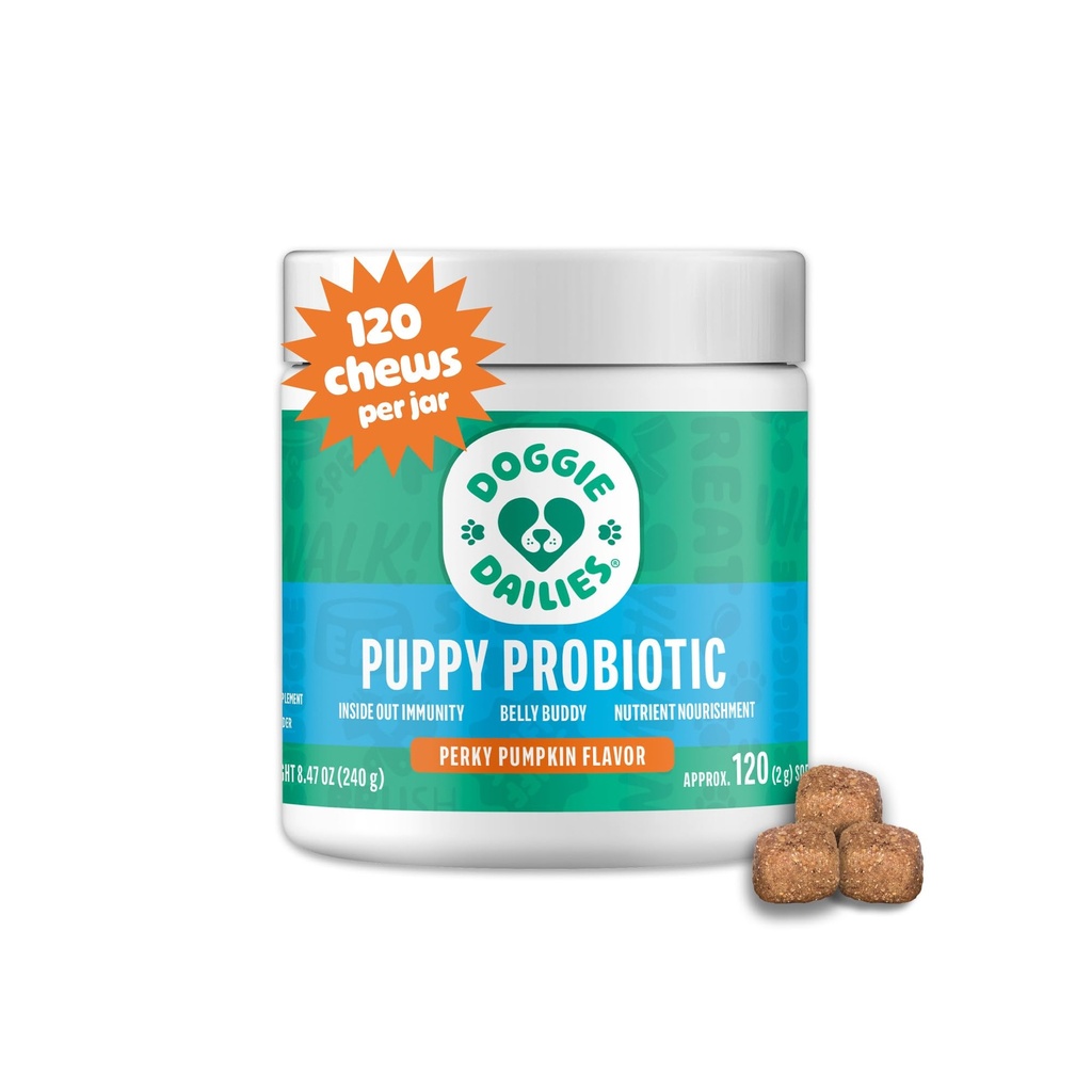 Doggie Dailies Puppy Probiootikumid, Probiootikumid Kutsikatele Seedetrakti Ensüümidega, Edendab Seedetrakti Tervist, Toetab Immuunsüsteemi Ja Üldarengut (kõrvits) 120 Pehmed närid